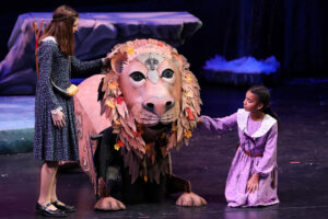 a girl touching a lion on stage
