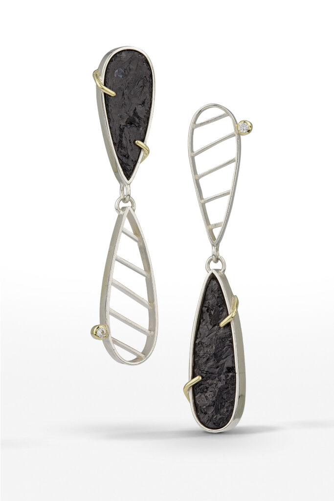 Title: “Asymmetrical Earrings"
Medium: Sterling silver, 18k gold,
black tourmaline, diamond
Size: 0.5 x 2 inches