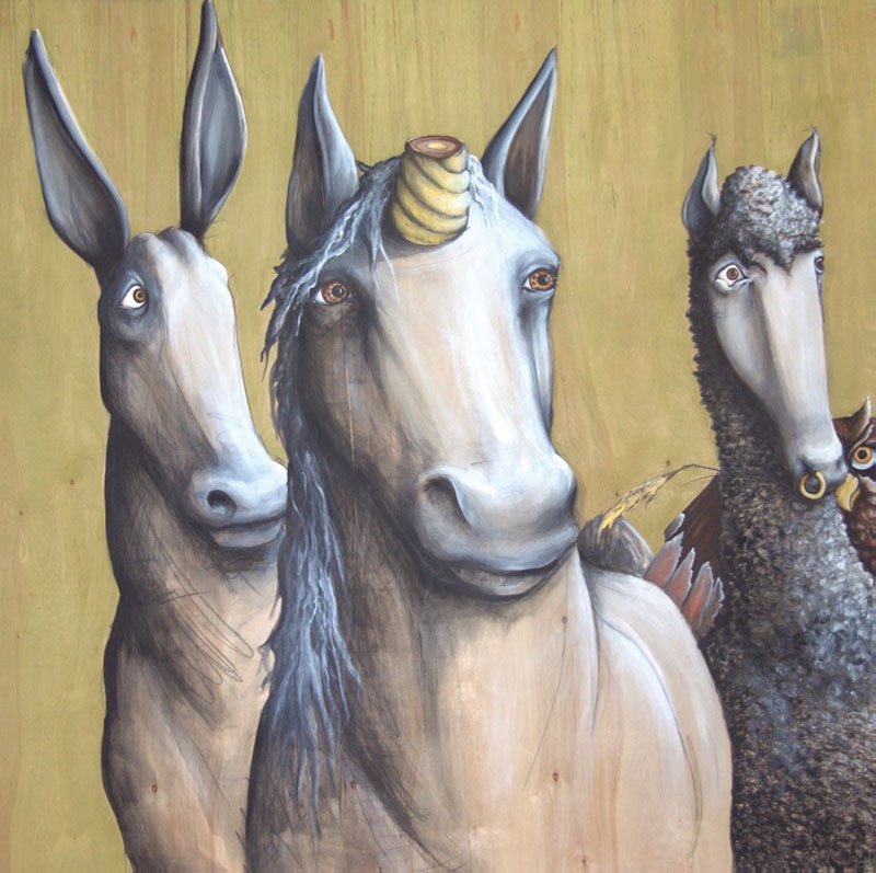 a painting of horses and birds