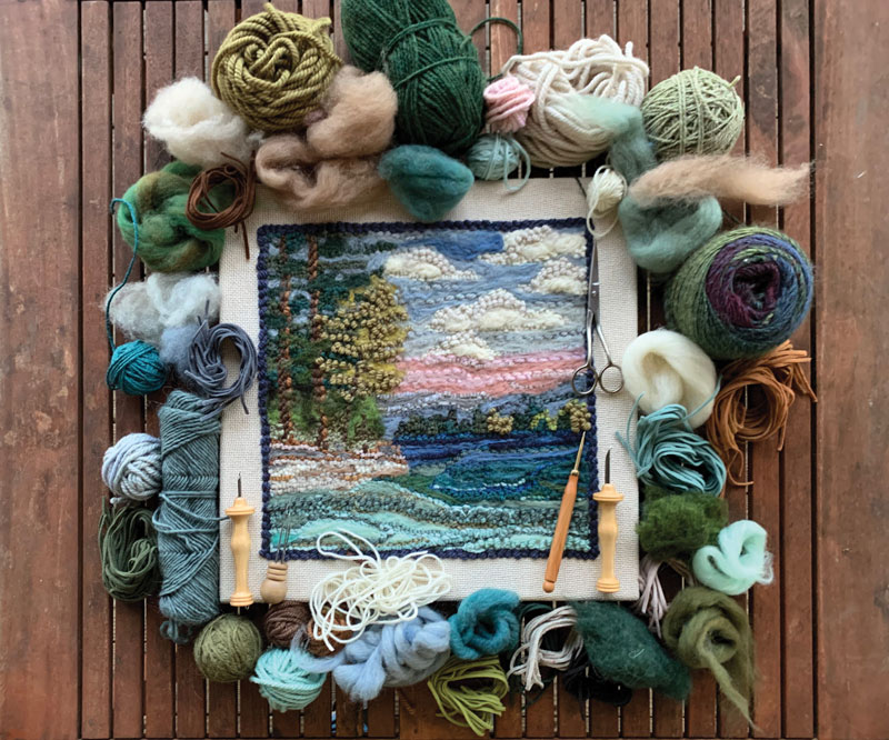 Title: “Fiber Art Process”
Medium: Needle felted wool, punch
needle yarn, rug hooked fabric
Size: 20 x 20 inches