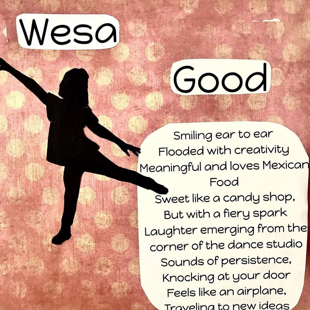 a girl with her leg extended and a text on a pink background