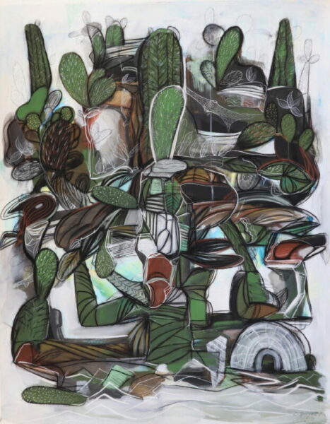 a painting of a tree with many cactuses