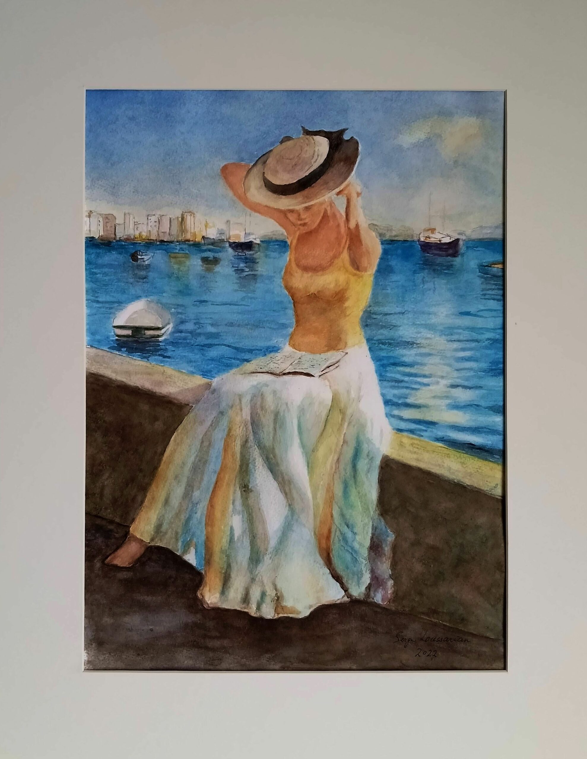 a painting of a woman sitting on a ledge by water