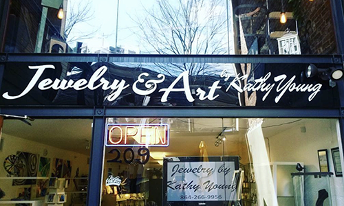 a storefront with a sign