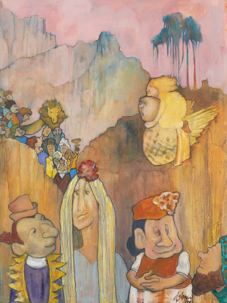 a painting of people in a canyon