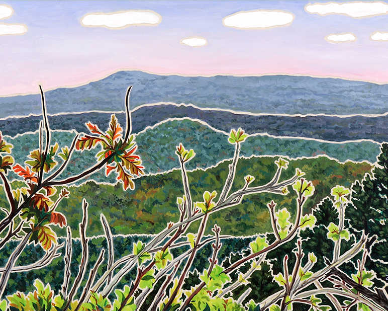 a painting of a landscape with trees and mountains