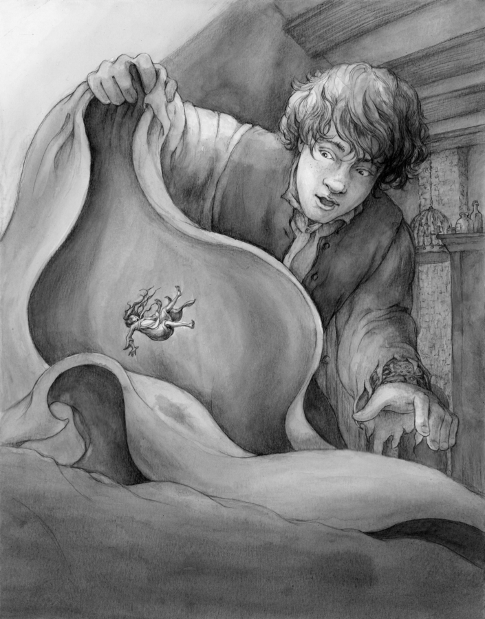 a drawing of a man holding a blanket