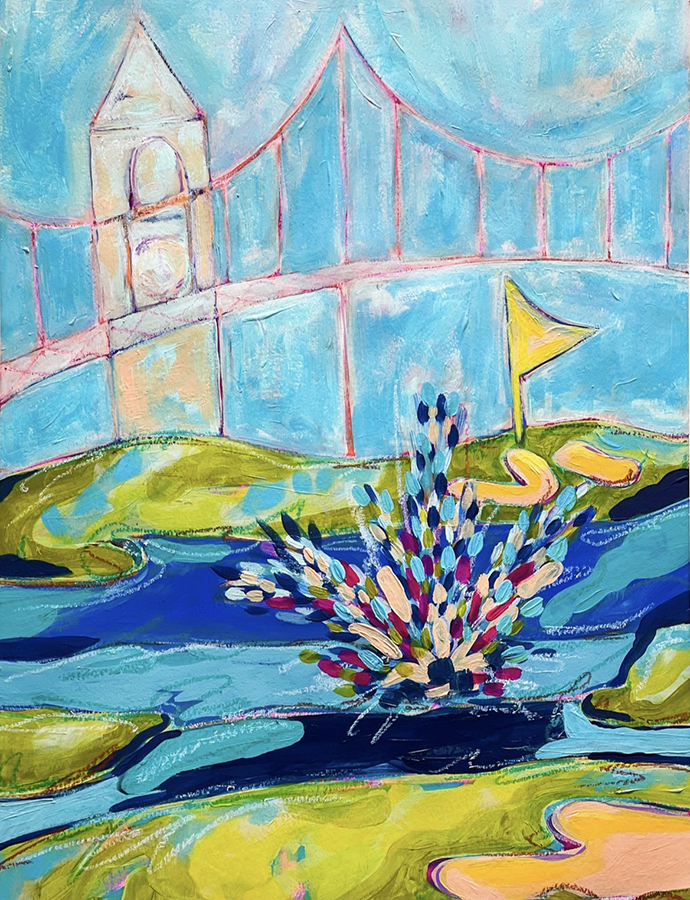 a painting of a bridge and a flag