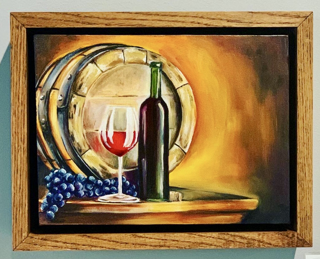 a painting of a bottle and a glass of wine