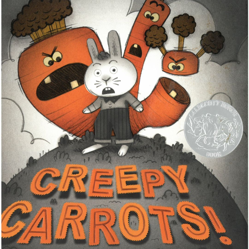 a cartoon of a rabbit standing on a hill with carrots and text