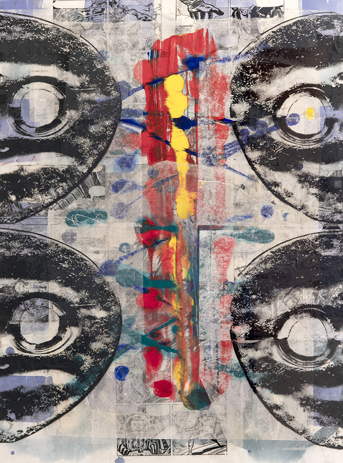 a painting of circles and a red stripe
