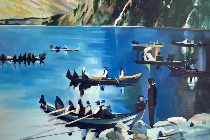 a painting of people in boats on a lake