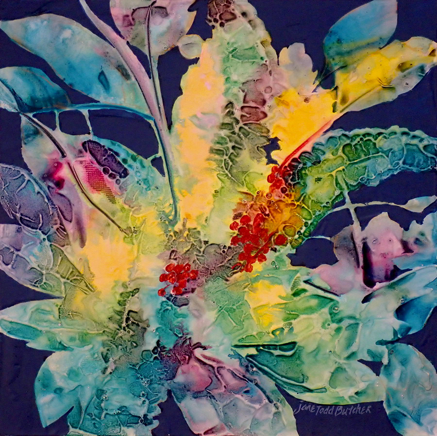 a colorful leaf painting on a blue background