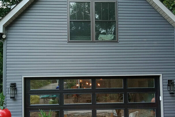 a house with a garage door