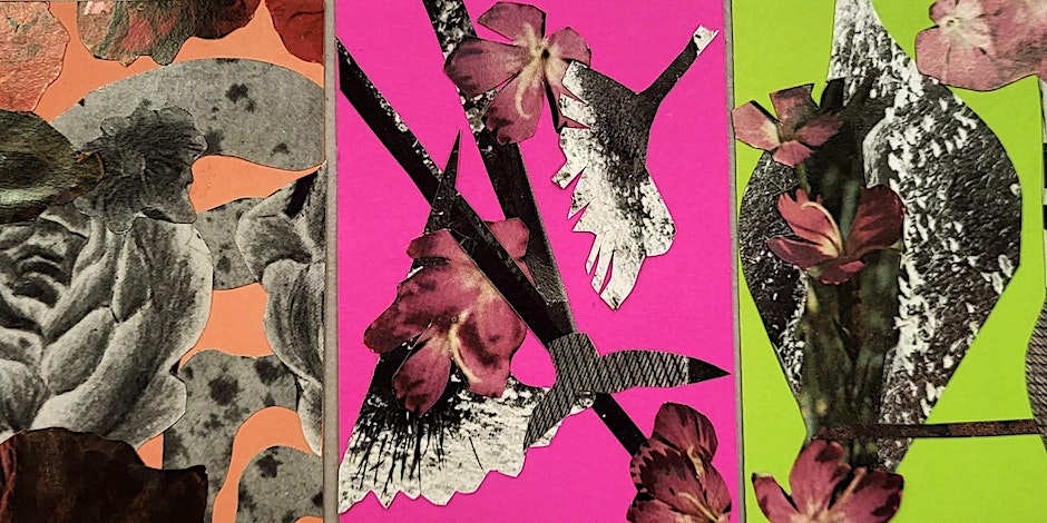 a collage of flowers on a pink background