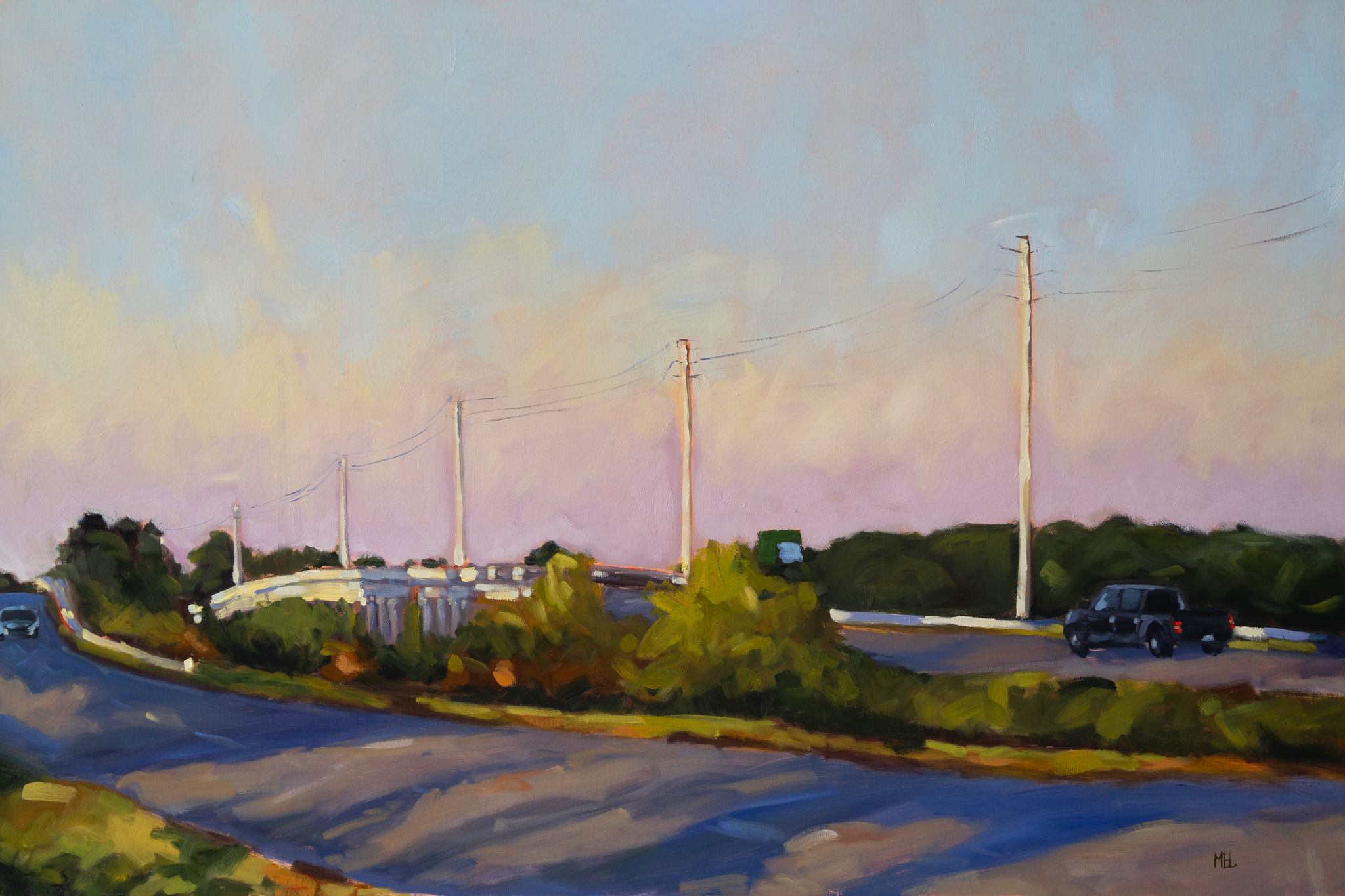 a painting of a road with a bridge and trees