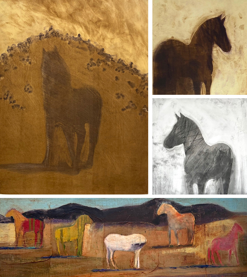 a collage of horses and a mountain