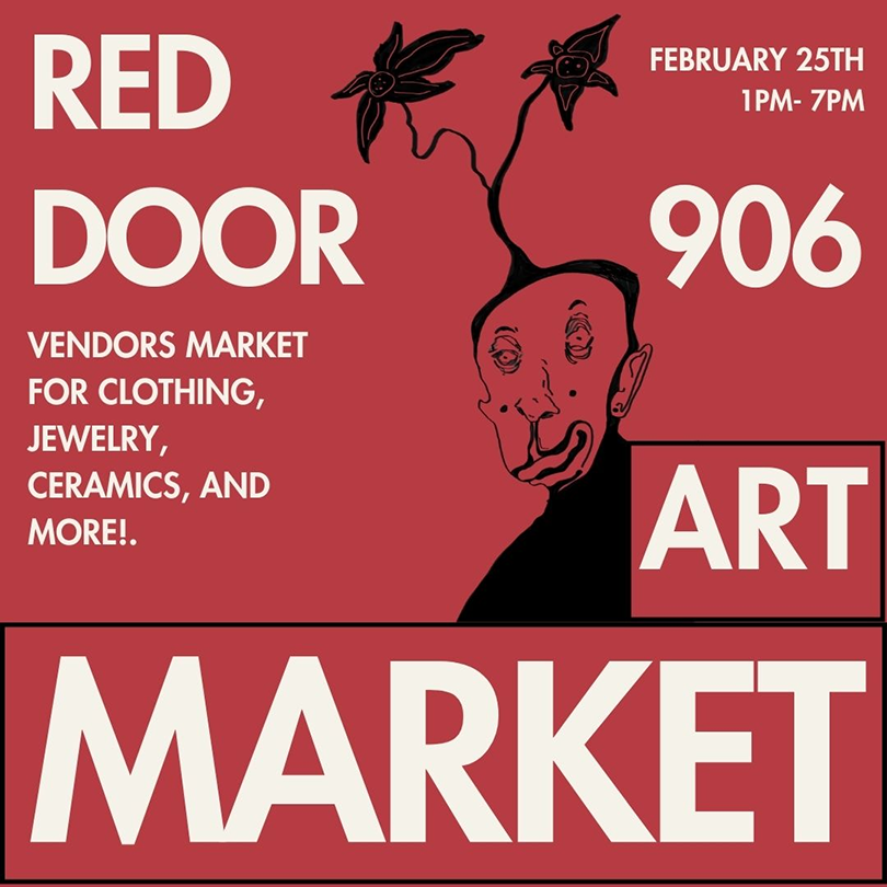 a red and white poster with a face and text
