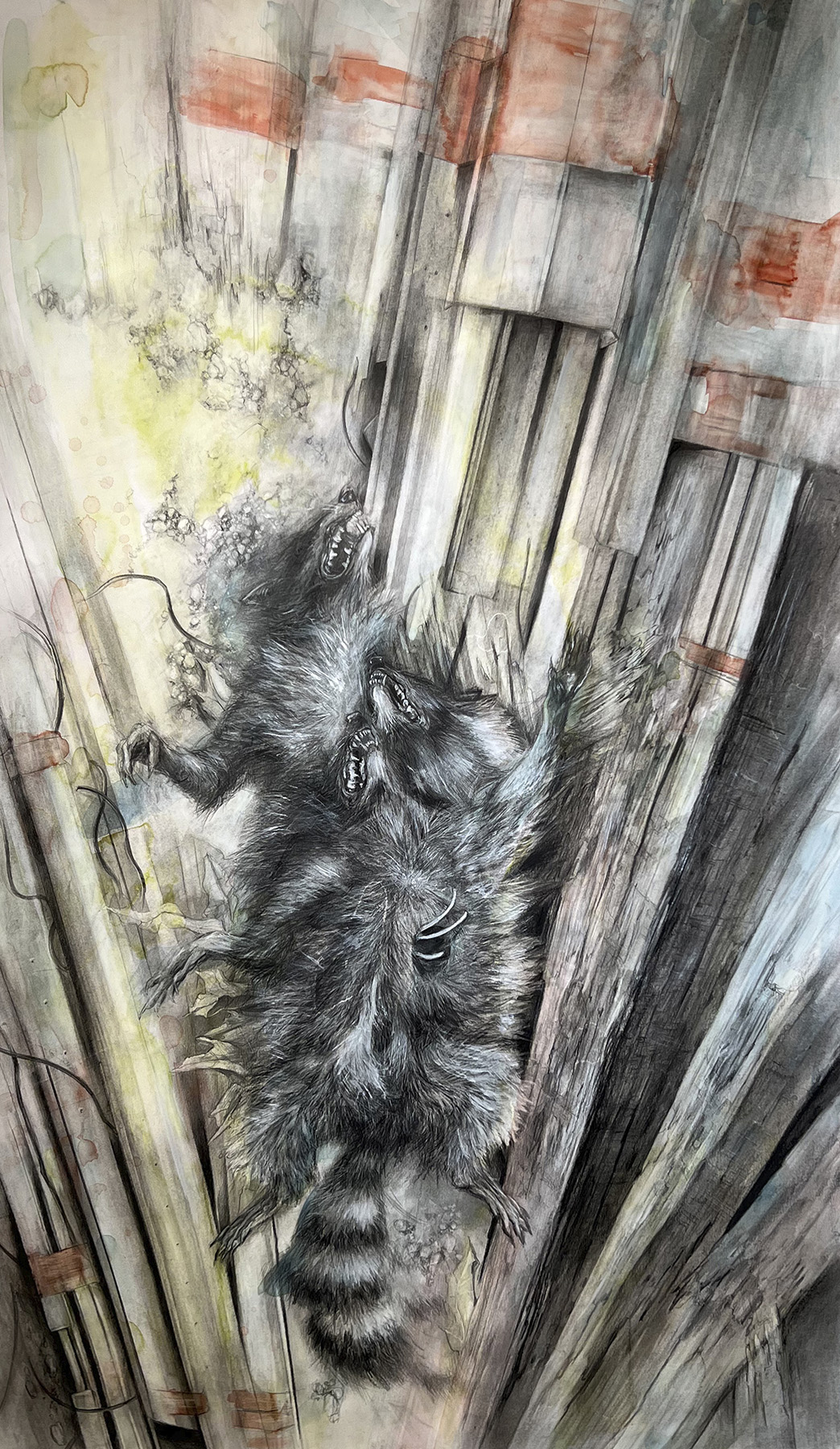 a painting of a wolf lying on its back