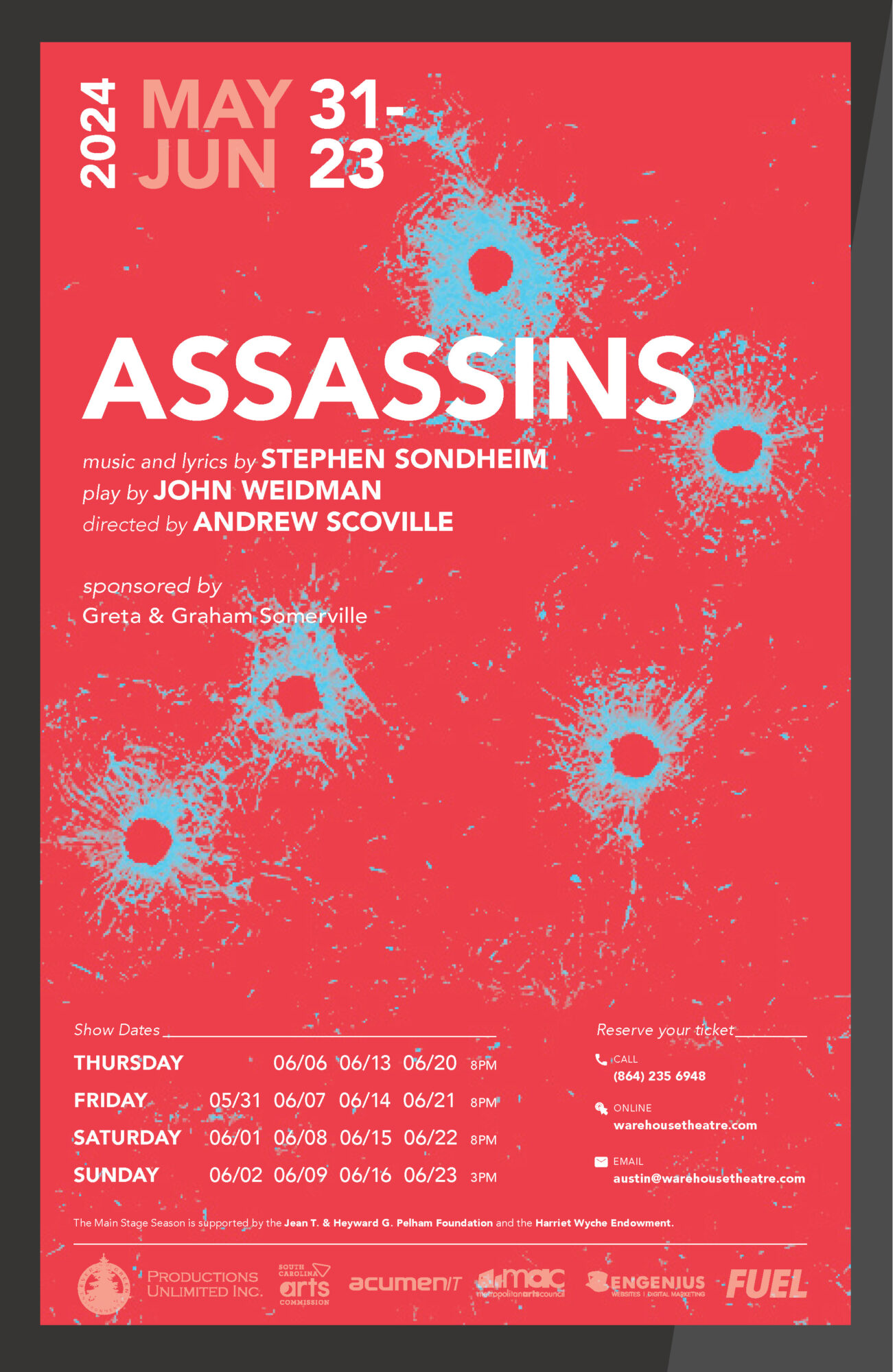 a red poster with white text and blue spots