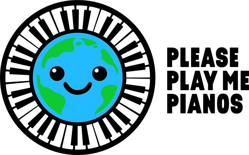 a logo of a planet with a face and piano keys