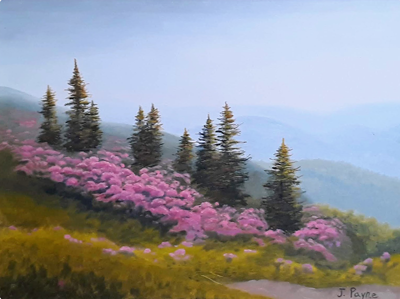 a painting of a mountain with pink flowers
