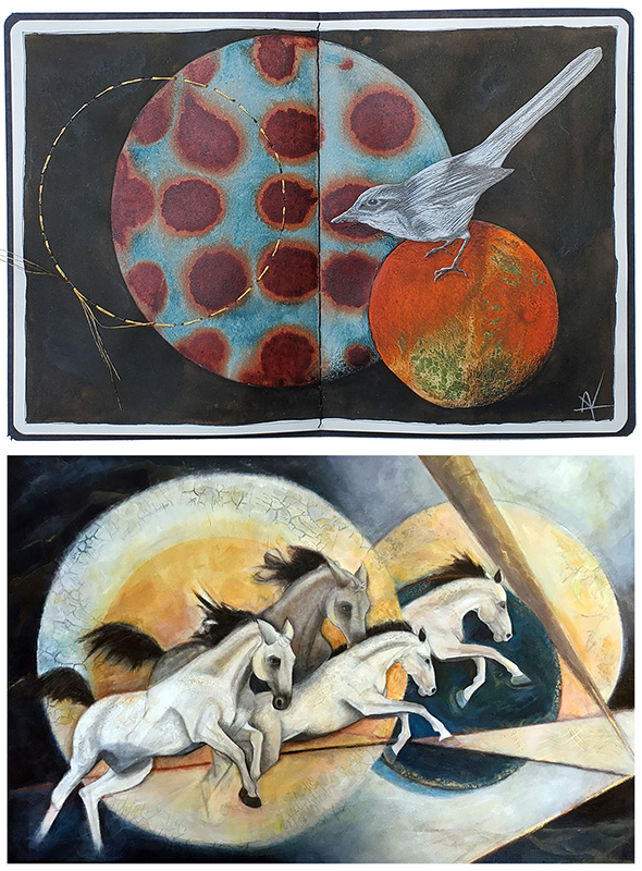 a collage of art with horses and a bird