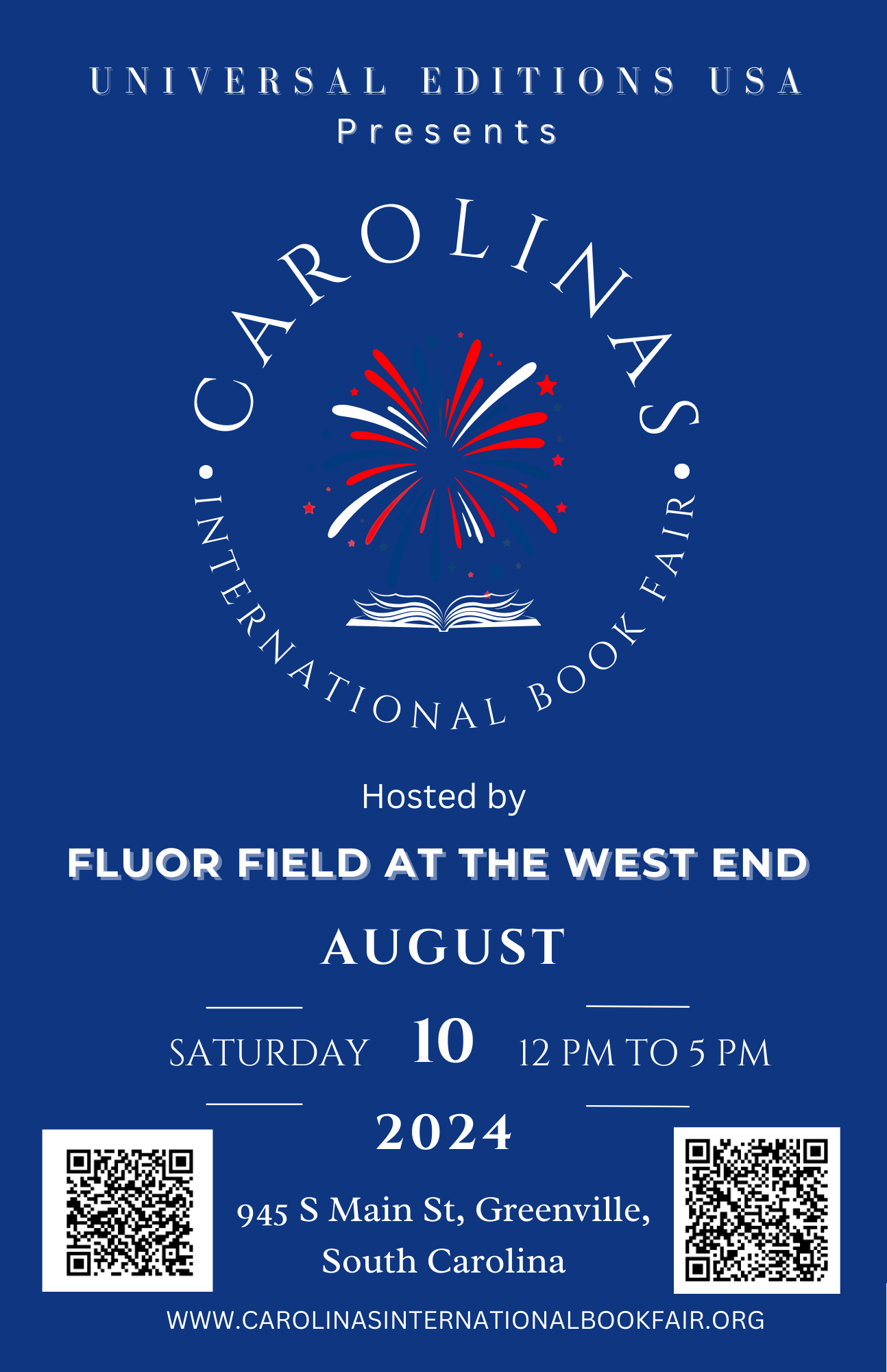 a blue and white poster with text and fireworks