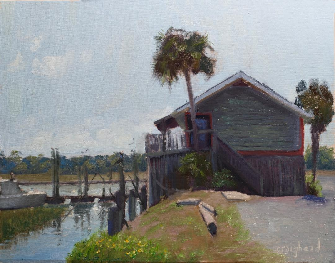 a painting of a house by water