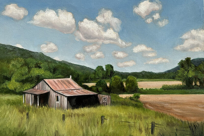 a painting of a barn in a field