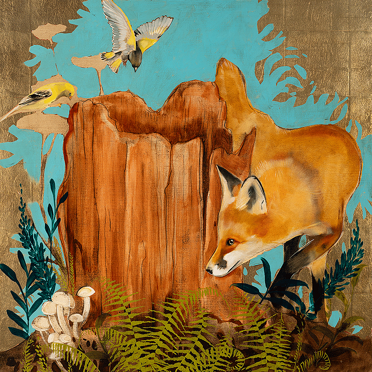 a painting of a fox and birds