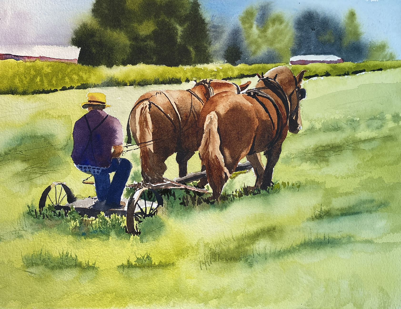 a watercolor of a man plowing a field with a horse drawn plow
