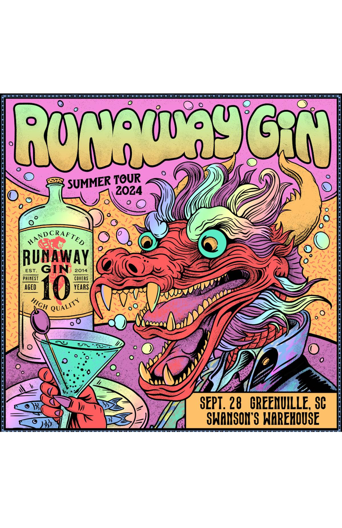 a poster of a dragon with a drink and a bottle