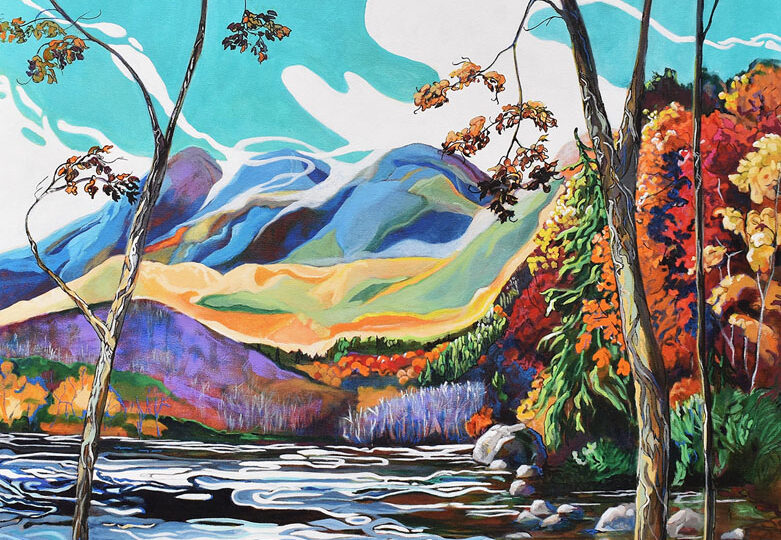 a painting of a river with trees and mountains