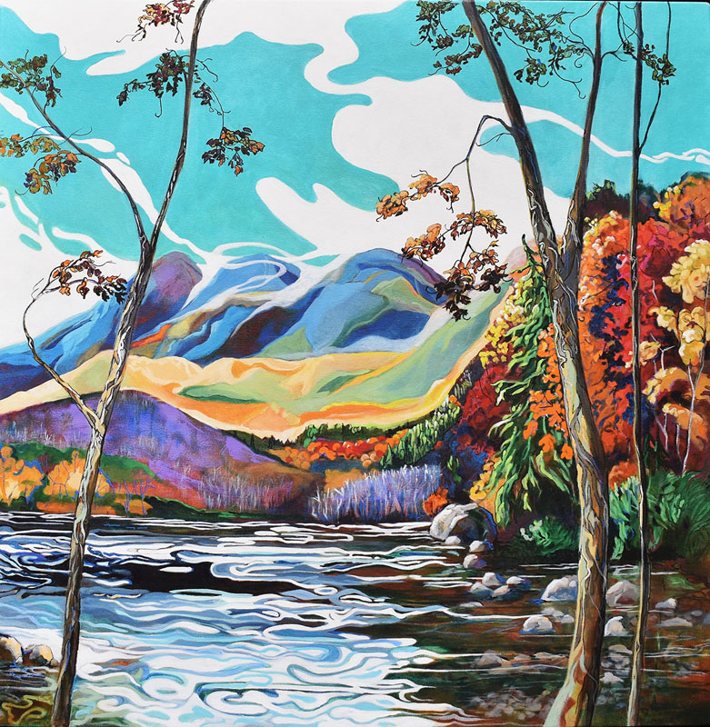 a painting of a river with trees and mountains