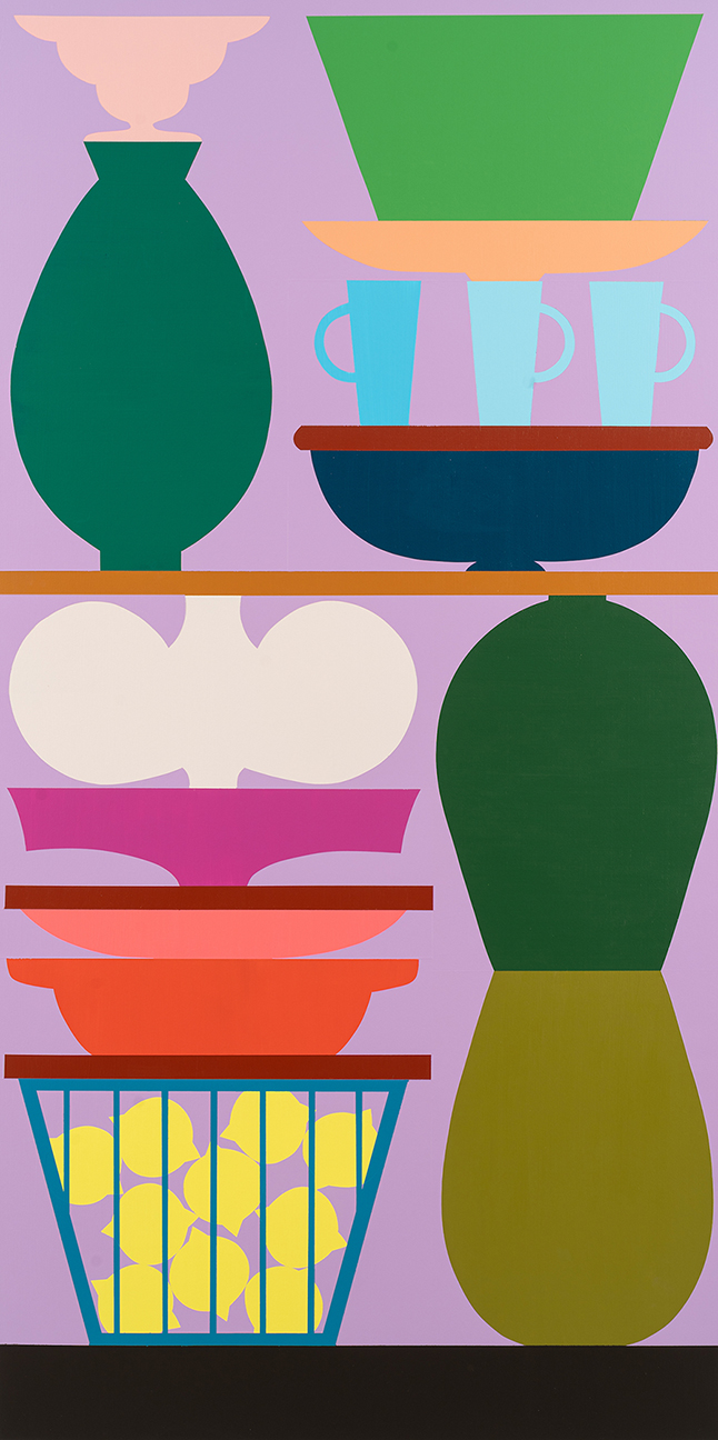 a painting of a vases and cups on a shelf