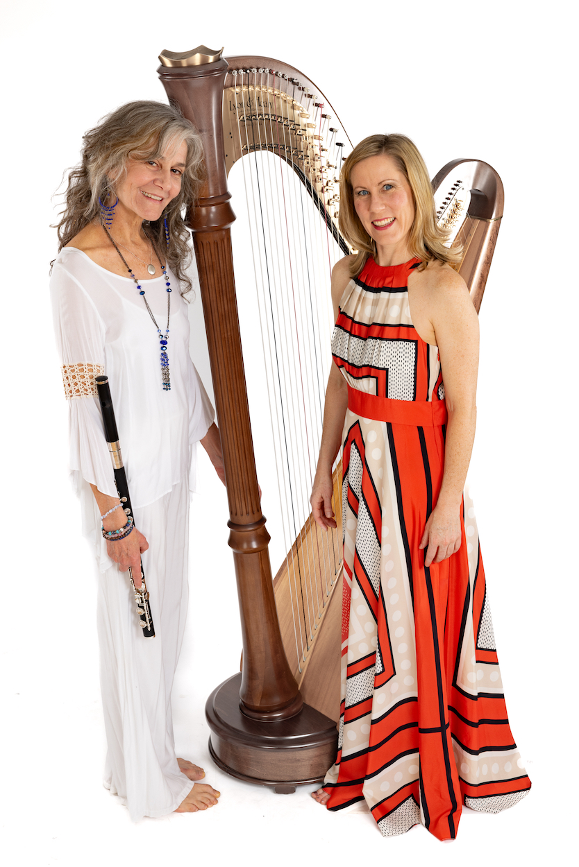 two women standing next to a harp