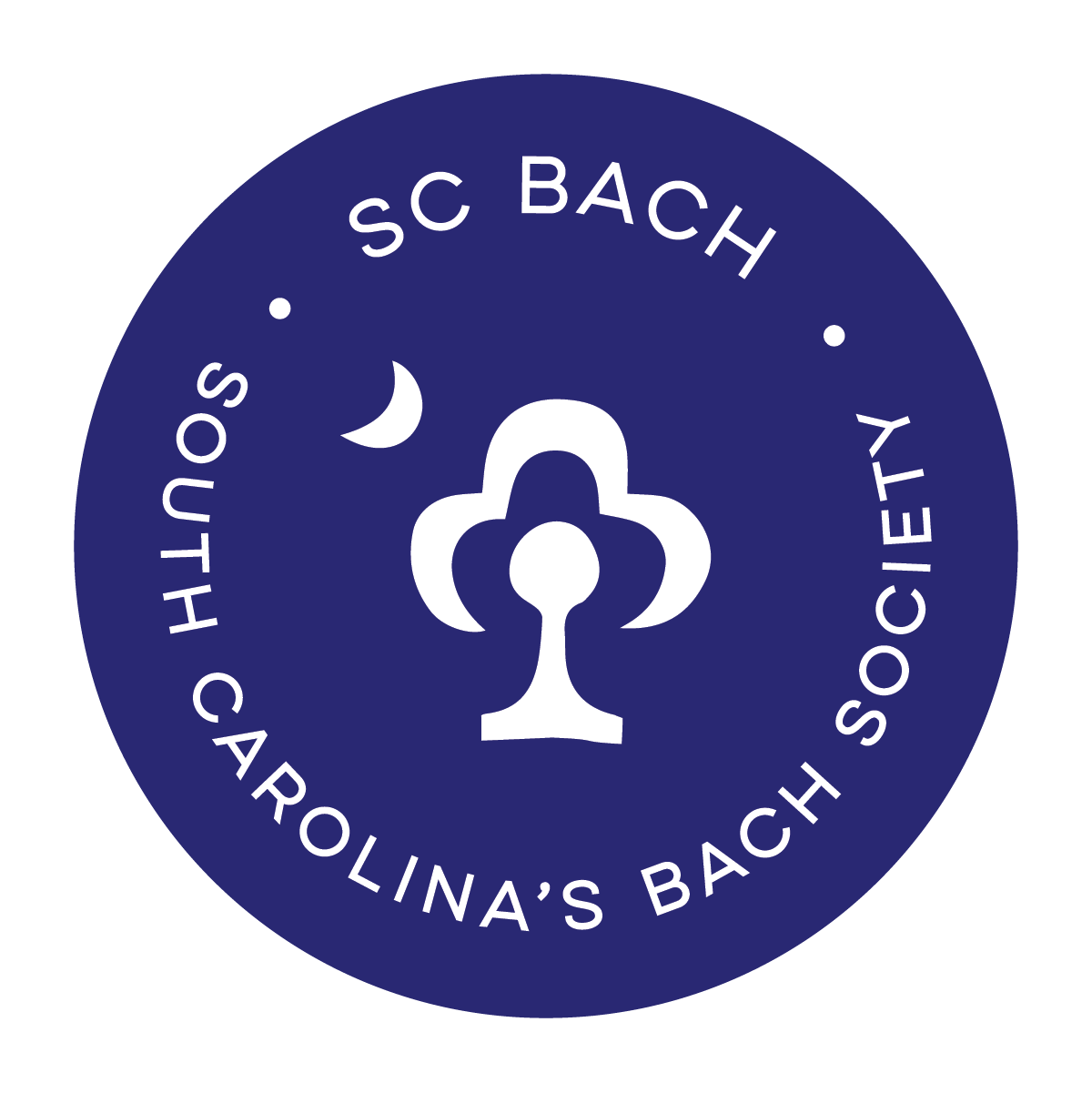 a blue circle with white text and a flower and moon