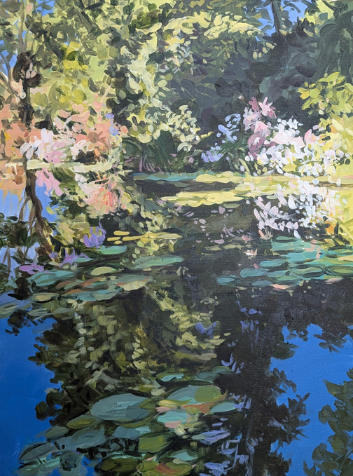 a painting of a pond with lily pads and trees