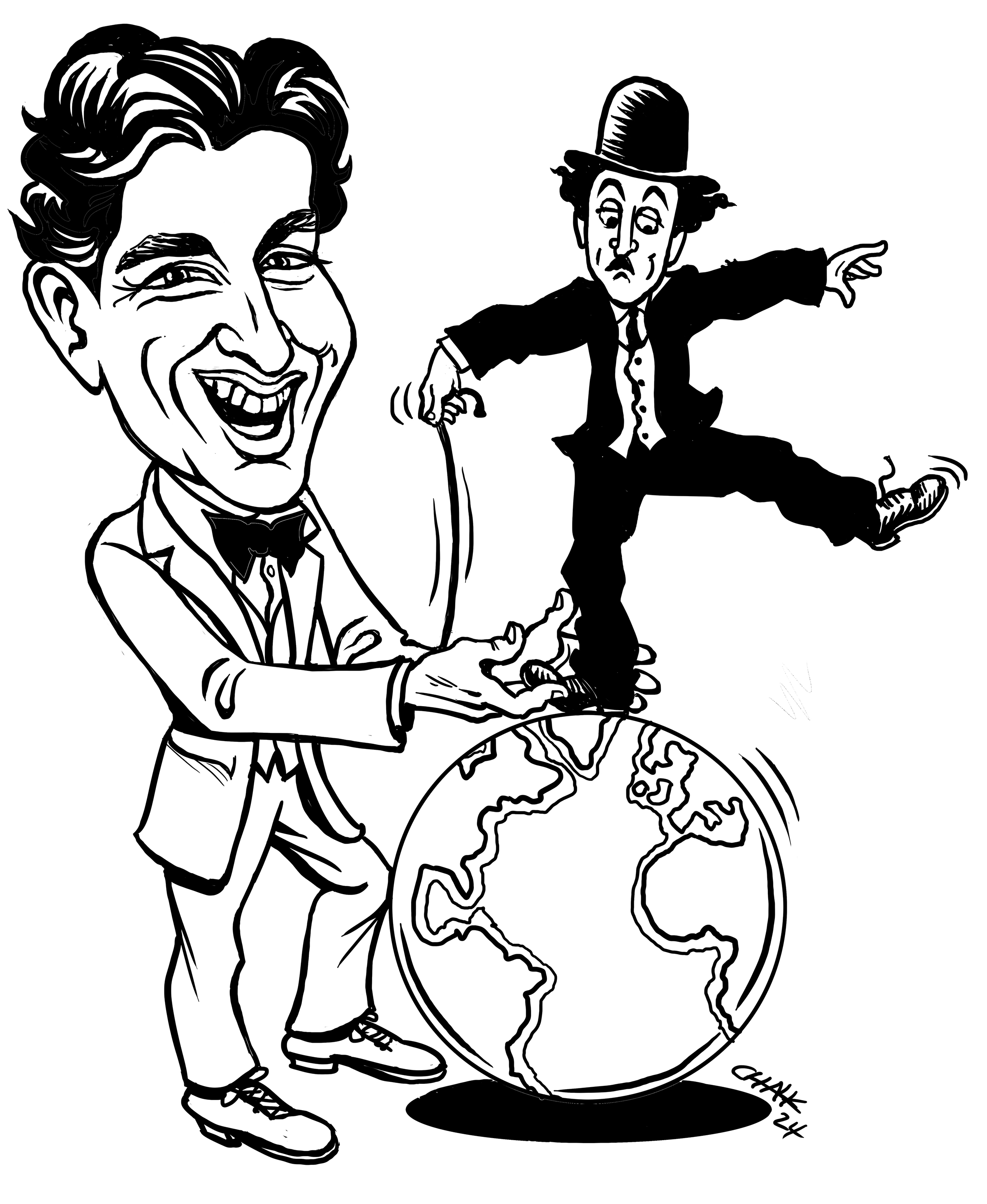 a cartoon of a man standing on a globe