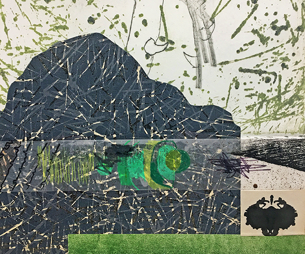 a painting of a mountain with a black and green animal