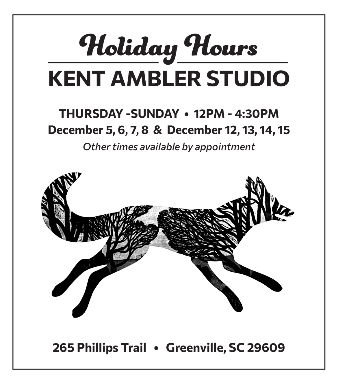 a white and black poster with a fox silhouette