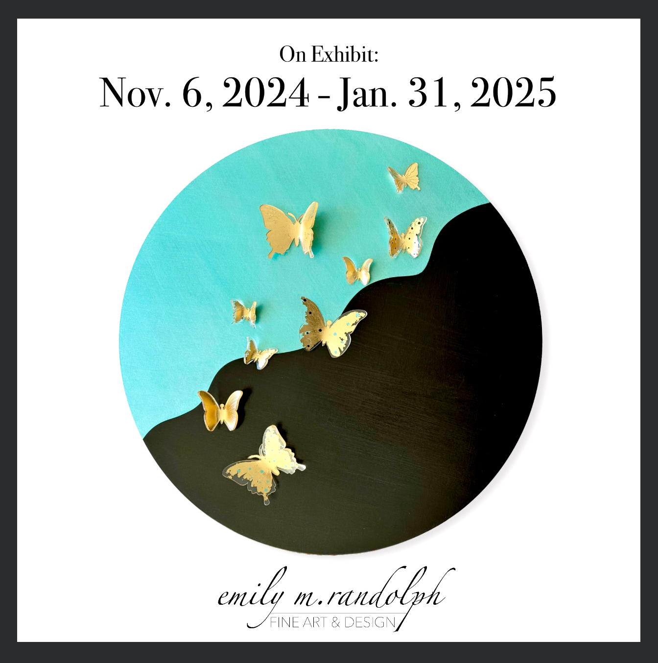 a poster with butterflies on a blue and black circle