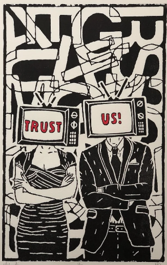 a man and woman with tvs instead of heads