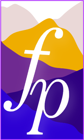 a white letter on a purple and yellow background