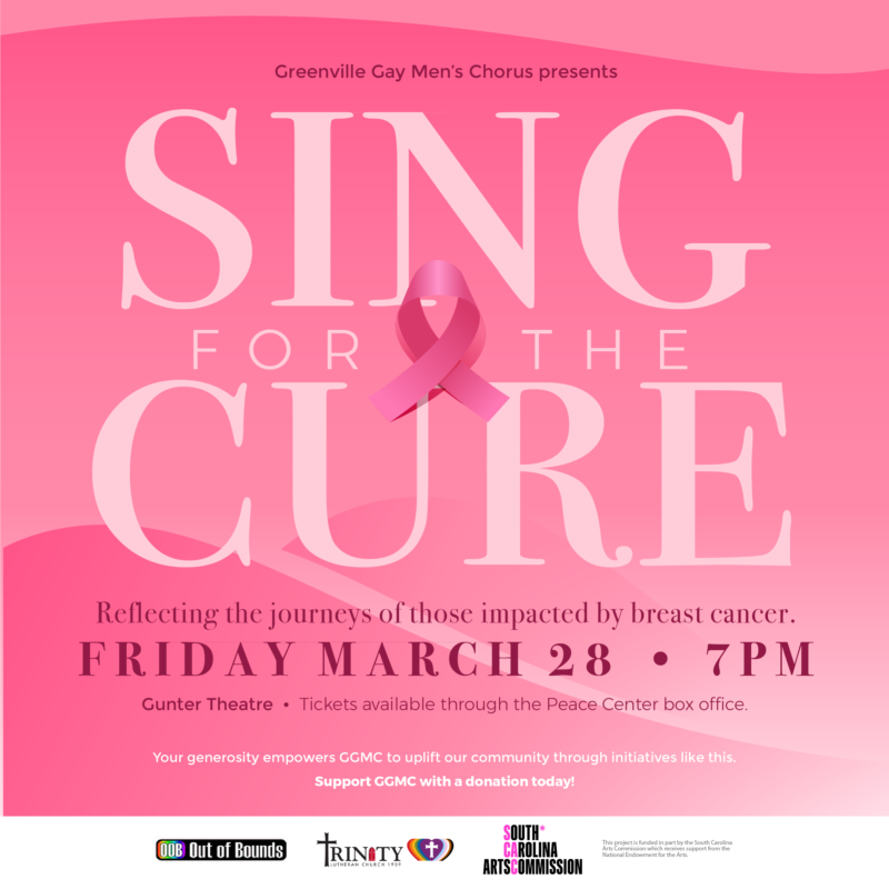 a pink poster with white text and a pink ribbon