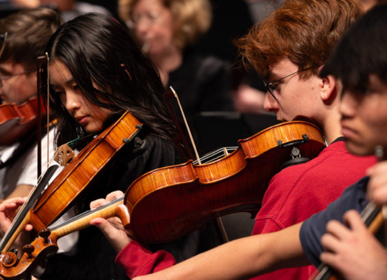 a group of people playing violin