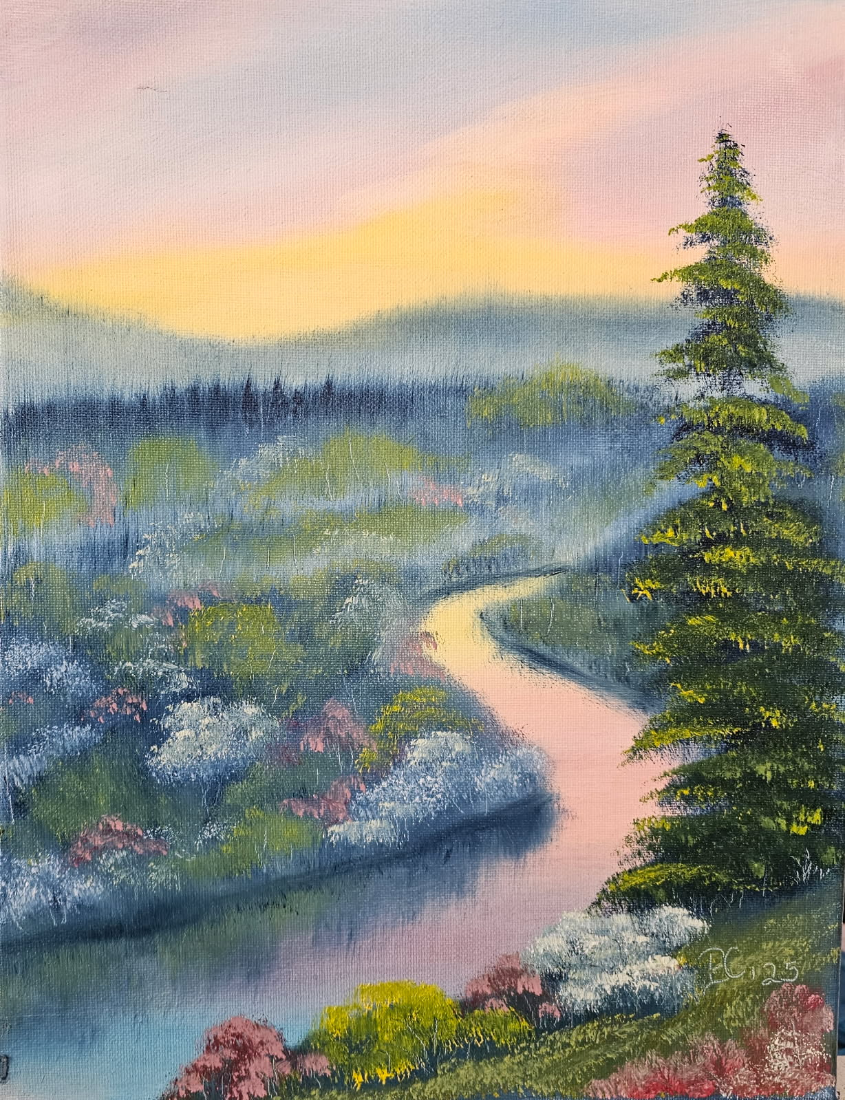 a painting of a river and trees