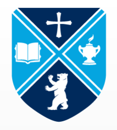 a blue and white shield with white symbols