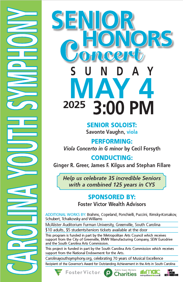 a white and green flyer with blue text